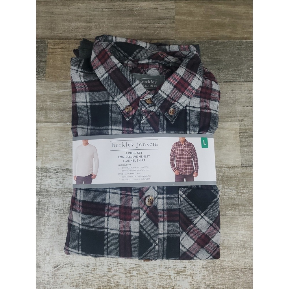 Berkley Jensen Pajama Set Long Sleeve Henley & Flannel Shirt Sz Large 2-Piece